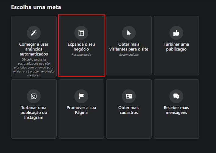 Site do facebook meta expanda seu negócio selecionada