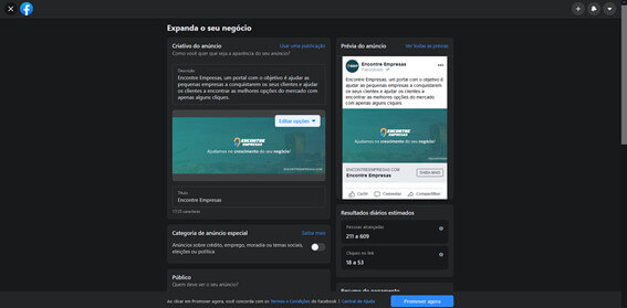 Página de criação de anúncios do facebook