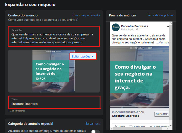 Editar criativo do anúncio no facebook