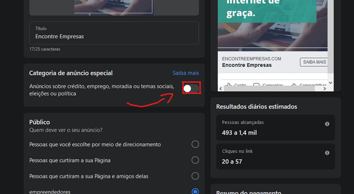 Seleção categoria de anúncio especial