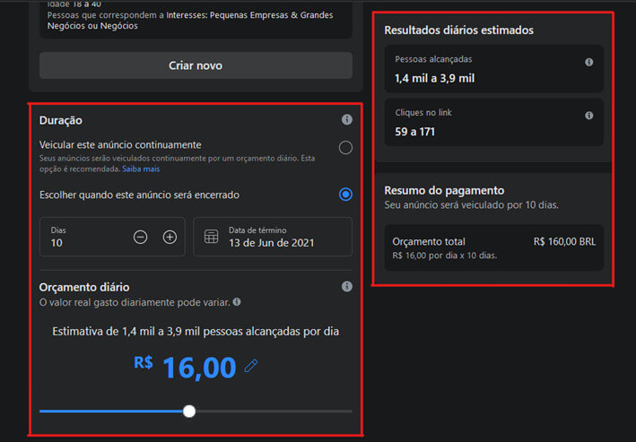 Definir tempo de duração e orçamento para anúncio
