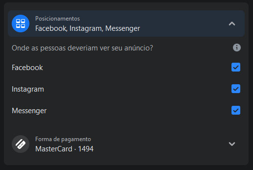 Definir posicionamentos do anúncio no facebook, intagram e messenger