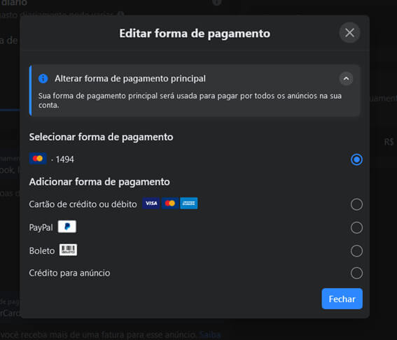Pop-up customizar forma de pagamento
