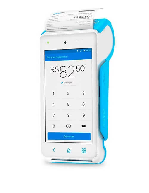 Maquininha de cartão mercado pago point smart branca e azul imprimindo comprovante